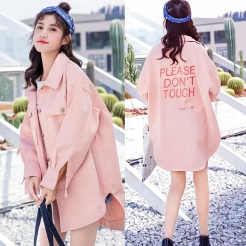 Spring Autumn Denim Trench Coat Female Korea Style Loose Large Pocket Alphabet Printing Lapel Solid Harajuku Mid-Length Clothes