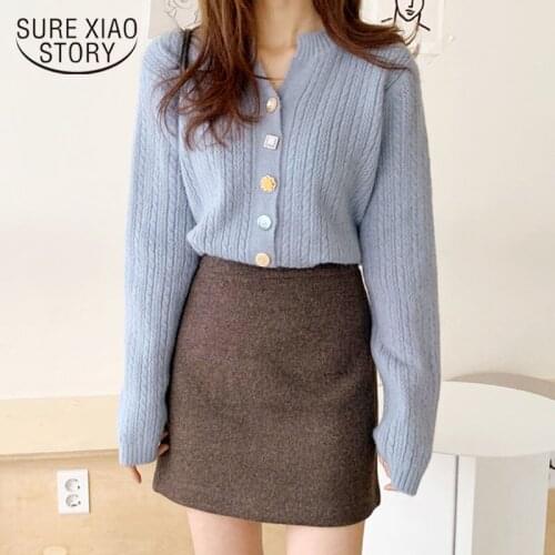 2020 Winter New Korean Style V-neck Fashion Striped Sweater Chic Button Twist Solid Cardigan Sweater Women Knitted Jumper 11116