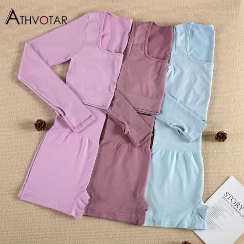 ATHVOTAR 2 Piece Set Long Sleeve Blouses High Waist Fitness Short Leggings Tracksuit Women Jogger Sets Sportswear