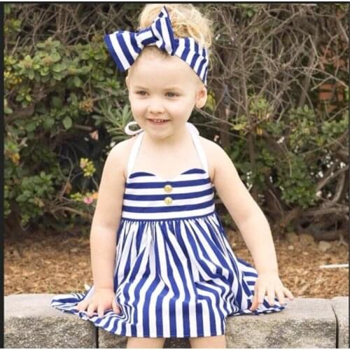 FOCUSNORM 1-5Y Summer Lovely Baby Girls Dress Sleeveless Halter Lace-up Stripe Princess Dress+Bow Headband