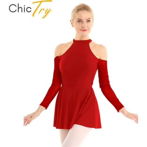Women Mesh Long Sleeves Cutout Off Shoulder Solid Color Gymnastics Leotard Figure Skating Dress Ballet Lyrical Dance Costumes