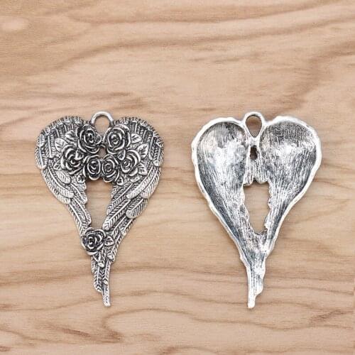2 Pieces Large Rose Angel Wings Feather Charms Pendants 69x46mm