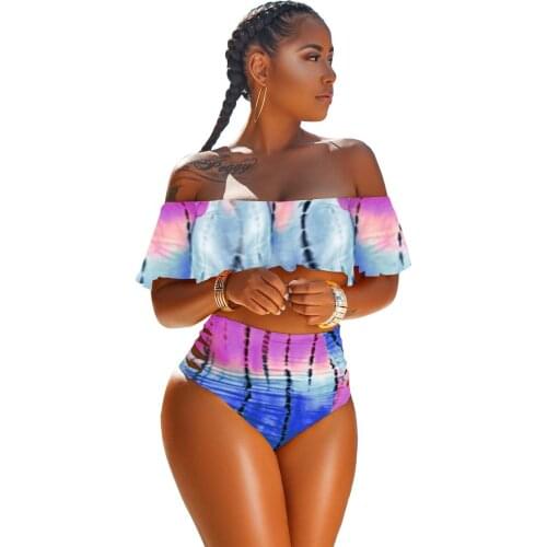 S-XXXL Womens Printing 2 Piceces Short Sleeve Off Shoulder Top Bikini Swimwear Set