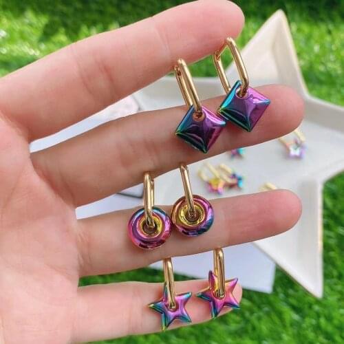 5 Pairs, Rainbow Star /Square /Circle Drop Earrings for Women 2021 Trend Fashion Small Hoop Earrings Jewelry Gifts