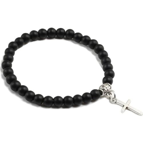 6mm Black Matte Stone Beads Metal Cross Pendant Bracelets For Women Men Fashion Lucky Jewelry Jesus Charm Yoga Bracelet Man Gift