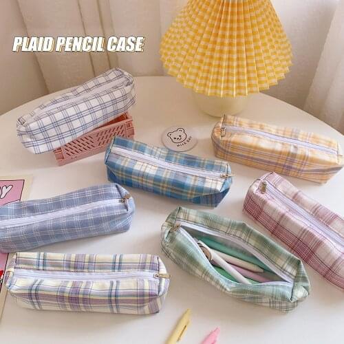 Ins Pencil Case Girls Korean Large-capacity Cute Plaid Pencil Case Box School Teenagers Multifunctional Kawaii Stationery Bag