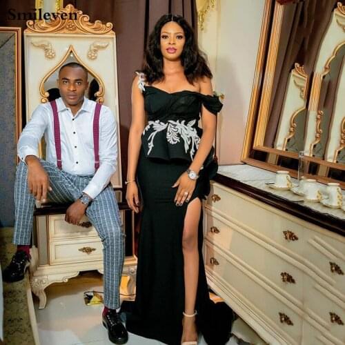 Smileven Black Mermaid Evening Dresses Off Shoulder Side Split Arabic Special Occasion Dresses Evening Party Gowns