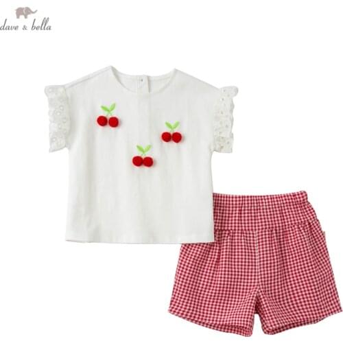 DB18090 dave bella summer baby girls cute caartoon plaid clothing sets kids fashion short sleeve sets children 2 pcs suit