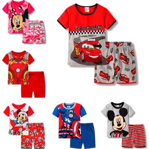 Childrens Short Sleeve Pajamas Baby Pajamas Summer Cotton Short Sleeve T-Shirt Pajamas Suit Cartoon Spider Man Children Pajamas