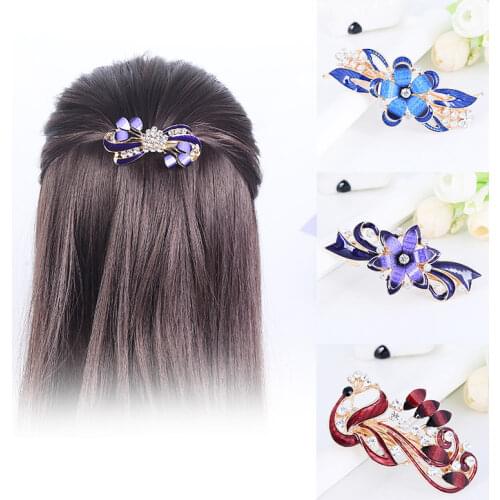 EASYA New Fashion Enamel Hair Barrettes Headwear Women Girls Crystal Rhinestone Flower Peacock Hairpin Hair Accessories