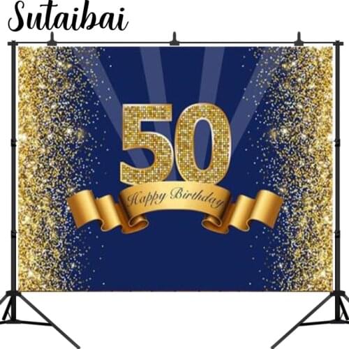 Happy 50th Birthday Photography Backdrop Navy Blue and Glitter Gold Background Shiny Men Fifty Years Old Age Party Decorations