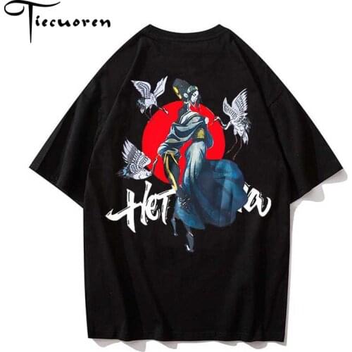 Half Sleeve T Shirts Japanese crane design tshirts Streetwear Print hip hop Cotton Tops Tees drop shipping men clothes wholesale