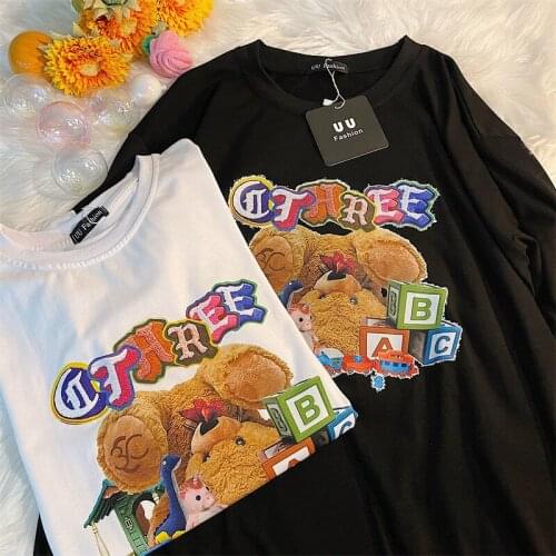 Retro Cute Bear Cartoon Print Cotton T Shirts Hip Hop Harajuku Kawaii Teens Girl Clothes 2021 Summer Streetwear Japanese Fashion