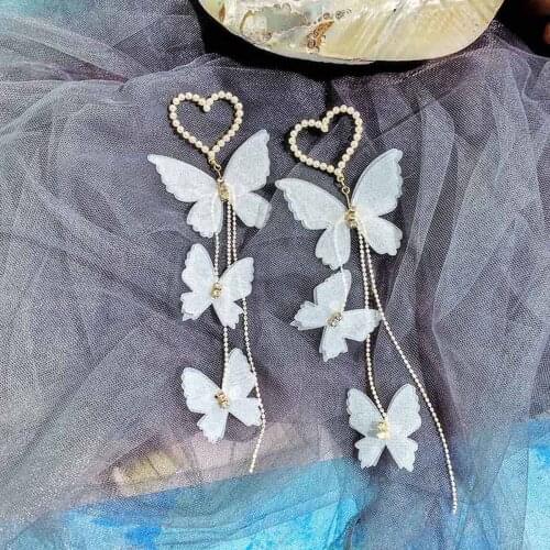 Summer Boho Style White Yarn Lace Butterfly Love Heart Star Long Dangling Earrings Jewelry for Women Bride Beach Wedding Party