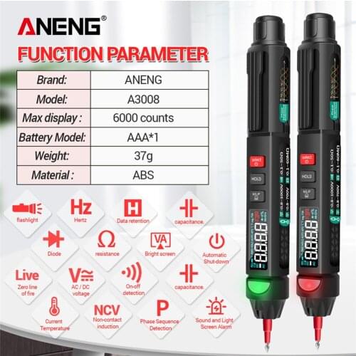 A3008 LCD Digital NCV Multimeter Pen Type Intelligent 6000 Counts Non Contact AC/DC Voltage Resistance Diode Handheld Tester