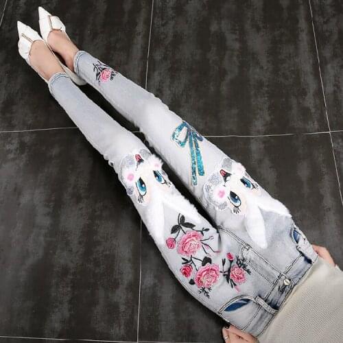 2020 Spring autumn new FASHION embroidery patch jeans women cartoon skinny pencil jeans plus size 25-31