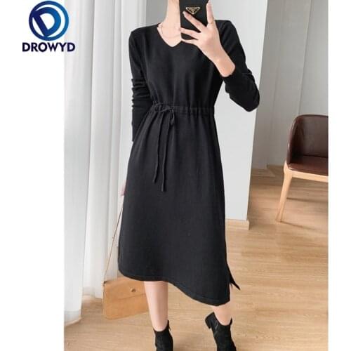2021 Autumn and Winter Korean Version of The New Long V-neck Waistband Knitted Inner Dress Loose Black Sexy Party Sweater Dress