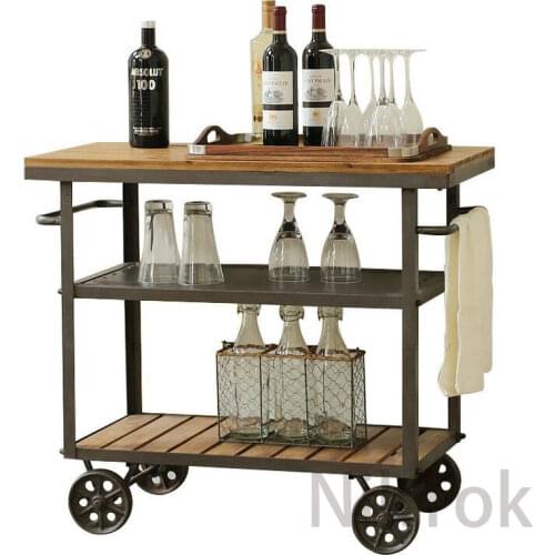Custom American racks solid wood sideboard mobile retro wrought iron dining car bar trolley wine car industrial style L