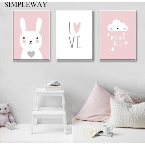 Poster and Print Pink Cartoon Animal Picture Baby Nursery Quotes Wall Art Picture Minimalist Nordic Kid Girls Bedroom Decoration