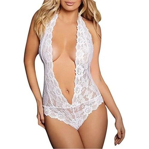 Sexy Costumes Bodysuit Lace See Through Teddy Lingere Exotic Apparel Halter Deep V Porno Babydoll Flirting Sex Outfits for Women