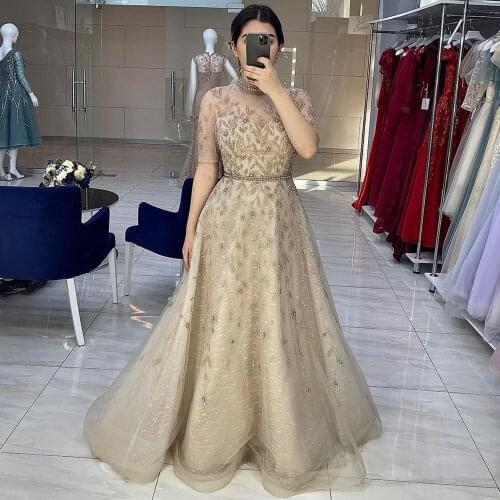 Serene Hill Grey Beaded Sparkle A-Line Evening Dresses Gowns 2021 Half Sleeves Luxury For Women Party LA71378