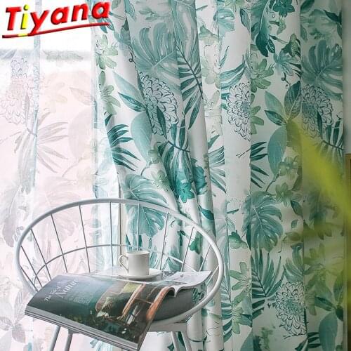 Blue Banana Leaf Printed Curtains for Living Room American Pastoral Leaves Window Drapes for Bedroom Balcony #VT