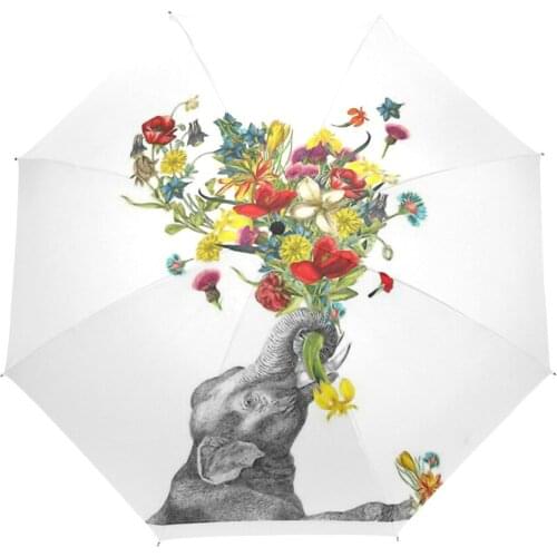 Elephant Art with Flower Print Umbrella Sunshade Three Folding Rain Women Umbrella Merry Gift Umbrella for Lover Friend