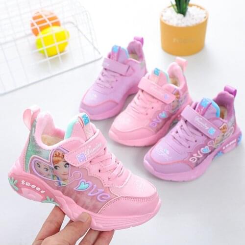 Disney Girls Sports Shoes Autumn Winter Frozen Sneakers Childrens Casual Shoes princess Rubber Artificial leather Elsa Shoes T1