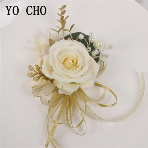 YO CHO Boutonniere for Groomsmen Bride Wrist Corsage Groom Boutonniere Artificial Rose Fake Pearl Crystal Wedding Planner Flower