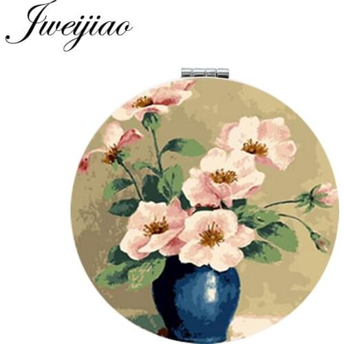 Youhaken Painting Craft Art Picture Flower Makeup Mirror Mini Round Folding Compact PU Leather Compact Pocket Mirror Vanity