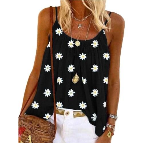 Women Fashion Sleeveless Marguerite Print Pleated Camisole Vest Loose Blouse Top Sleeveless Marguerite Print Loose Blouse Top