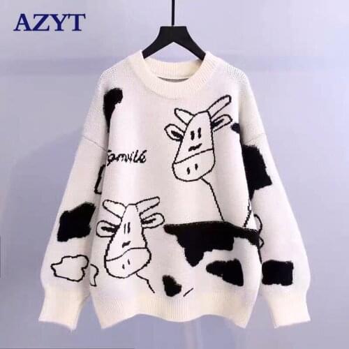 AZYT 2021 Autumn Cartoon Print Women Sweater Pullovers Korean Loose Knitted Jumpers Female Winter O Neck Base Sweater Women