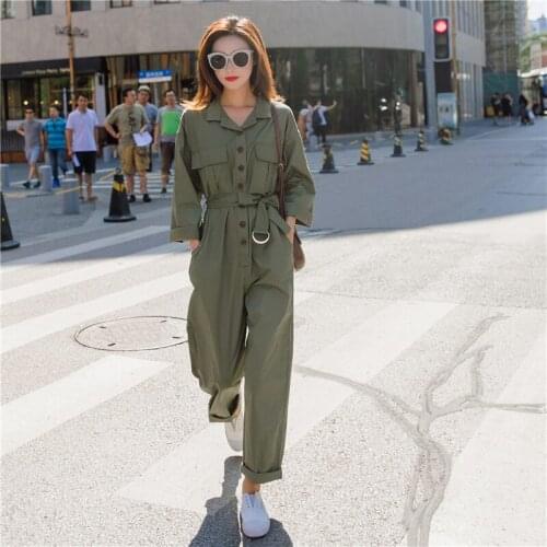 Women Long Sleeve Army Green Bandage Jumpsuits Spring Autumn One Piece Cargo Pants Overalls Loose Casual Female Straight Romper
