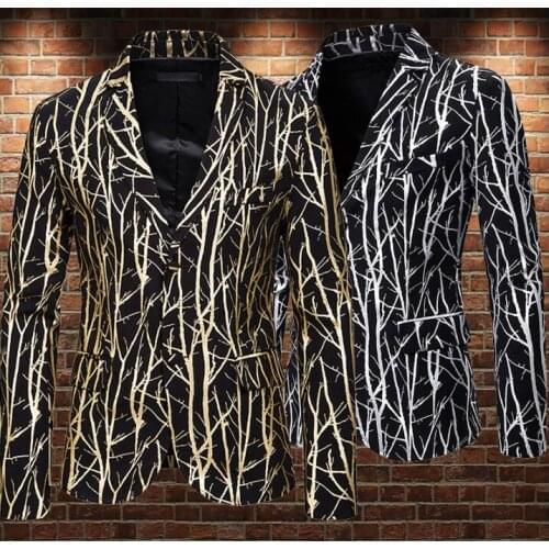 Gold silver shiny bronzing suits men blazer Tree root print masculino slim fit casaco jaqueta masculina coats mens jacket B431