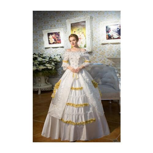100%real white lace golden vintage long ball gown medieval dress Renaissance Gown queen dress Victorian cosplay ball gown Belle