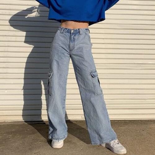FNOCE 2020 new womens pants jeans fashion casual trends elegant solid high waist slim loose denim full Wide Leg Pants for women