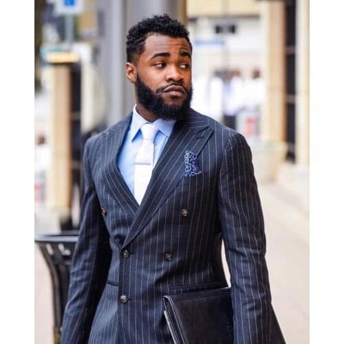 Elegant Dark Stripe Men Suit Double Breasted Blazer Peak Lapel Costume Homme Slim Fit 2 Pc Tuxedo Custom Groom Prom Suits Ternos