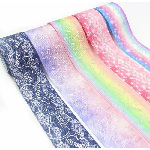 I-19917-2184,1-1/2‘’ 5yards rainbow gradient laser Silver Kawaii love Printed grosgrain Ribbons,DIY accessories and decorations