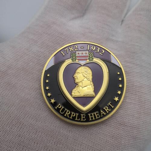 The Purple heart coin 1782 - 1932 Love badge 24K real gold plated colored 40 mm souvenir decoration coins