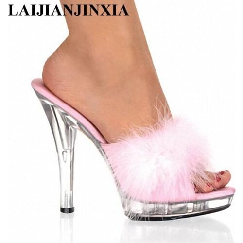 LAIJIANJINXIA New High Heels 13CM Stripper Shoes Plump Feathe Crystal Shoes Hot Sexy Platform Womens Shoes Dance Shoes