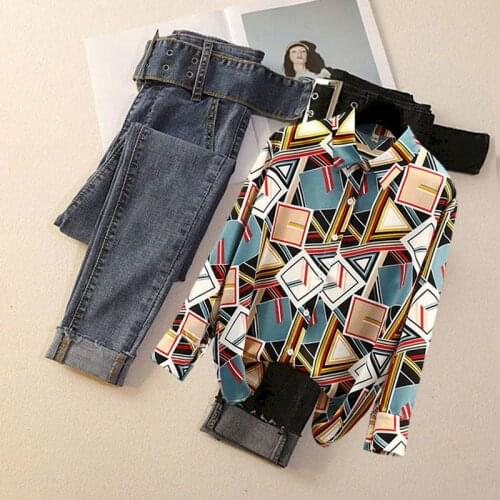 2021 Spring Autumn New Womens Suits Fashion Shirts Thin Jeans Two-piece Set Oversized Women Blouses Vintage Long Sleeve Suit