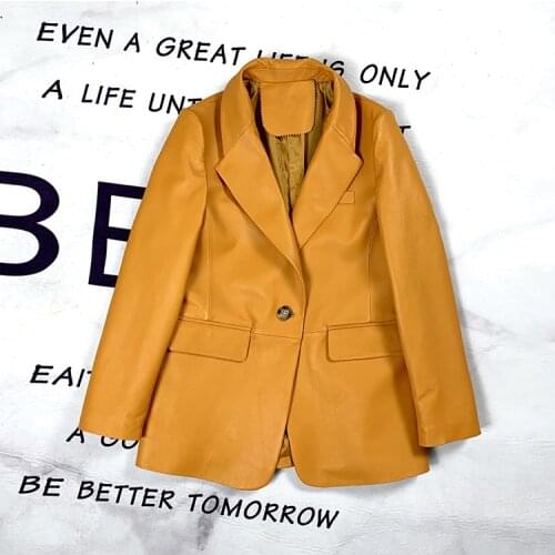 2021 New Arrival Women Single Button Simple Genuine Leather Suit,Real Leather Coat