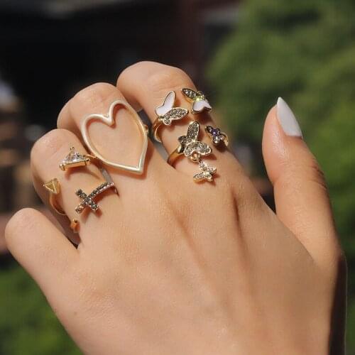 ORZTOON New French Retro Butterfly Heart Cross Zircon Rings For Women Simple Trend Crystal Jewelry Sets wedding Gifts For Guests