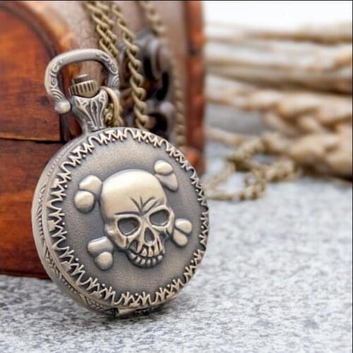 Wholesale buyer price good quality new bronze classical vintage one piece cool skull pocket watch necklace with chain 20pcs/lot