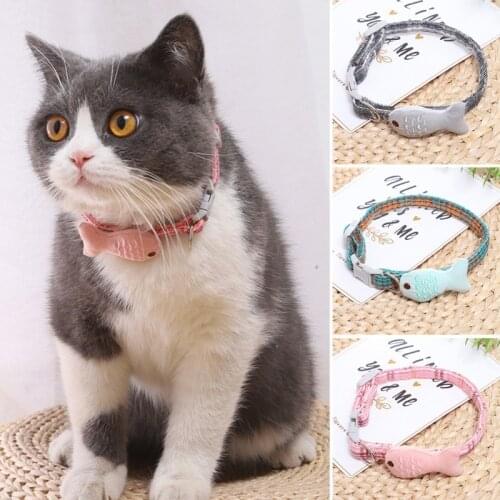 Kitten Cat Collar Quick Release Pet Cat Safety Collars With Bell Embroidered Fish ID Tag Cats Necklace with Safety Buckle