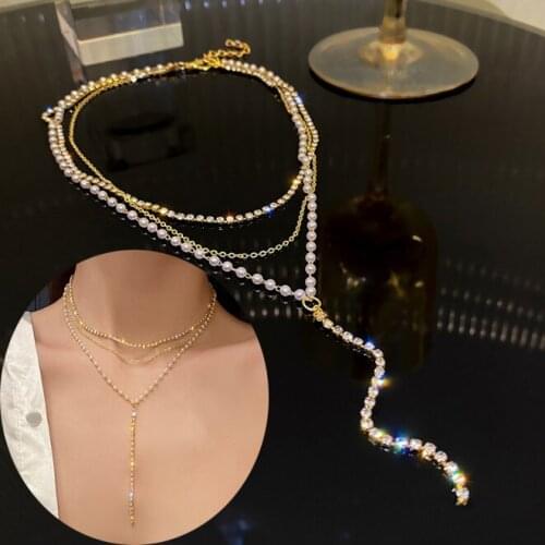 Fashion Long Pearl Rhinestone Necklace For Women Boho Multilayered Pendant Necklace 2021 Trend Choker Sweater Chain Jewelry