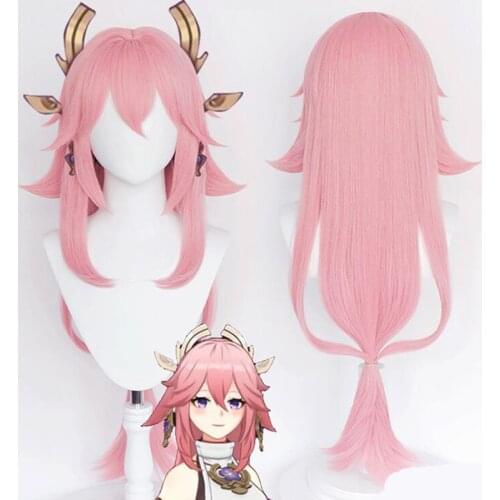 Genshin Impact Yae Guuji Wig Cosplay Costume Women Party Synthetic Hair Pink Halloween Props 85cm Length
