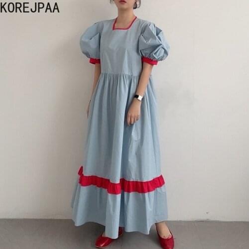 Korejpaa Women Dress 2021 Korean Chic Playful Square Collar Hit Color High Waist Loose Swing Bubble Sleeve Doll Dress Female