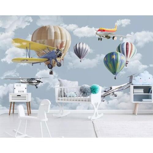 Beibehang Custom wallpaper Nordic minimalist hand-painted cartoon airplane balloon childrens room background wall 3d wallpaper