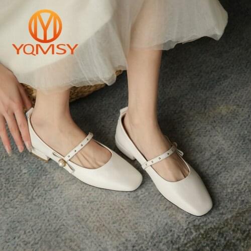 YQMSY Casual Womens Pumps Square Toe Pearl Butterfly-Knot Buckle Strap Genuine Leather Pumps Casual Office Flat Heel Shoes AS83